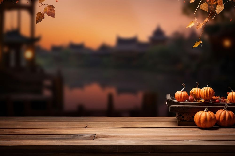 Empty wooden table outdoors festival pumpkin. AI generated Image by rawpixel.