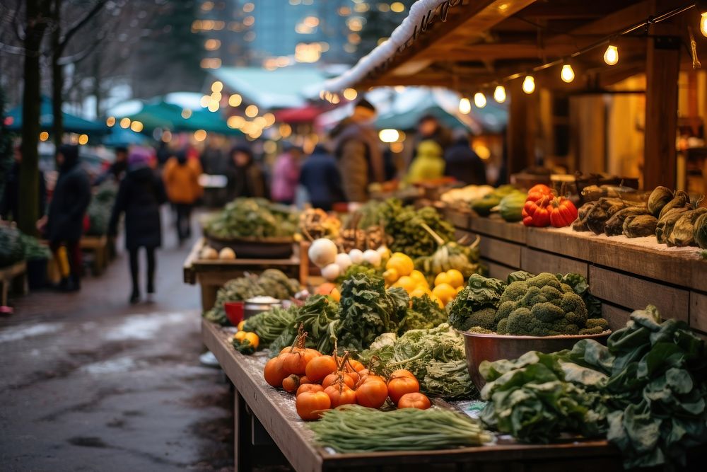 Farmers market architecture illuminated consumerism. 