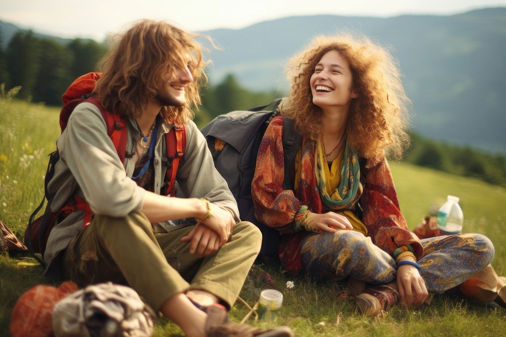 Hippie tourists grass laughing outdoors. AI generated Image by rawpixel.