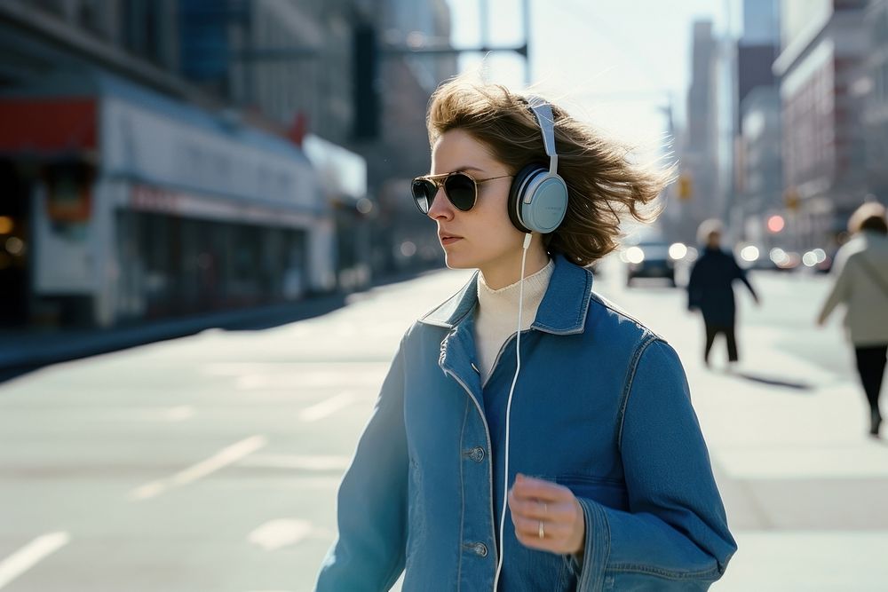 Woman wearing headphones, city photo. AI generated image by rawpixel.