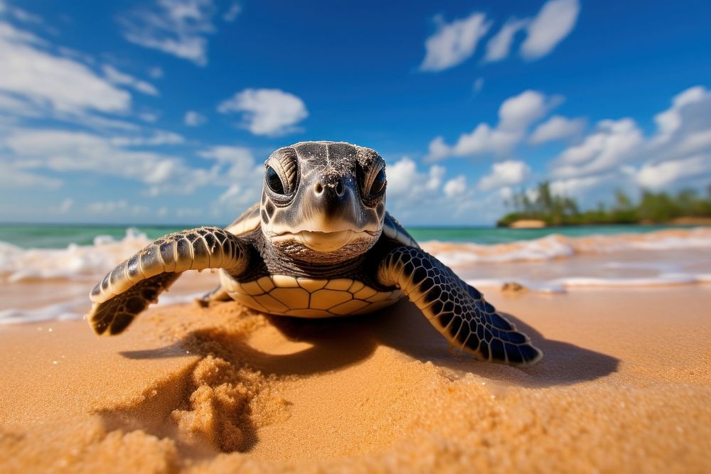 Newborn baby black green sea turtle beach outdoors reptile. 