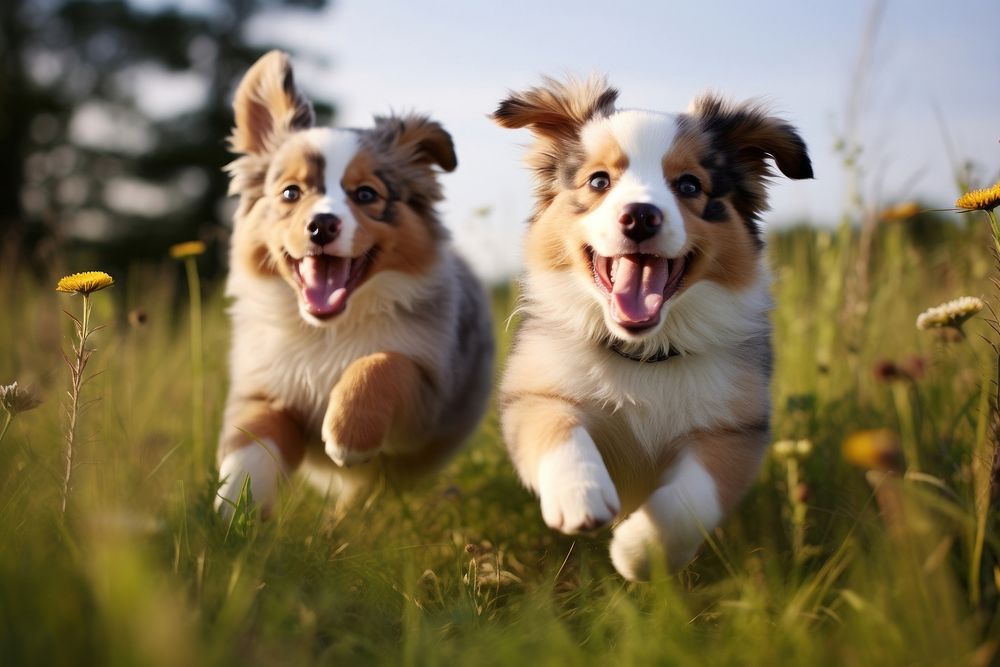 Australian Shepherd puppies grass outdoors mammal. 