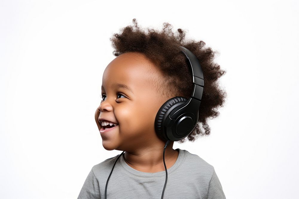 Little boy wearing headphones isolated on white background. AI generated image by rawpixel.