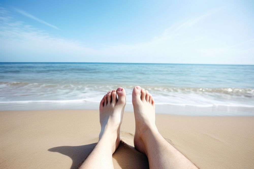 Feet angle relaxed beach barefoot outdoors. 