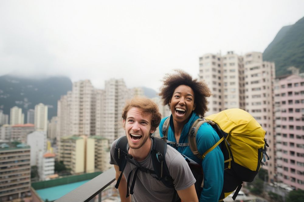 Backpackers laughing adult happy. AI generated Image by rawpixel.
