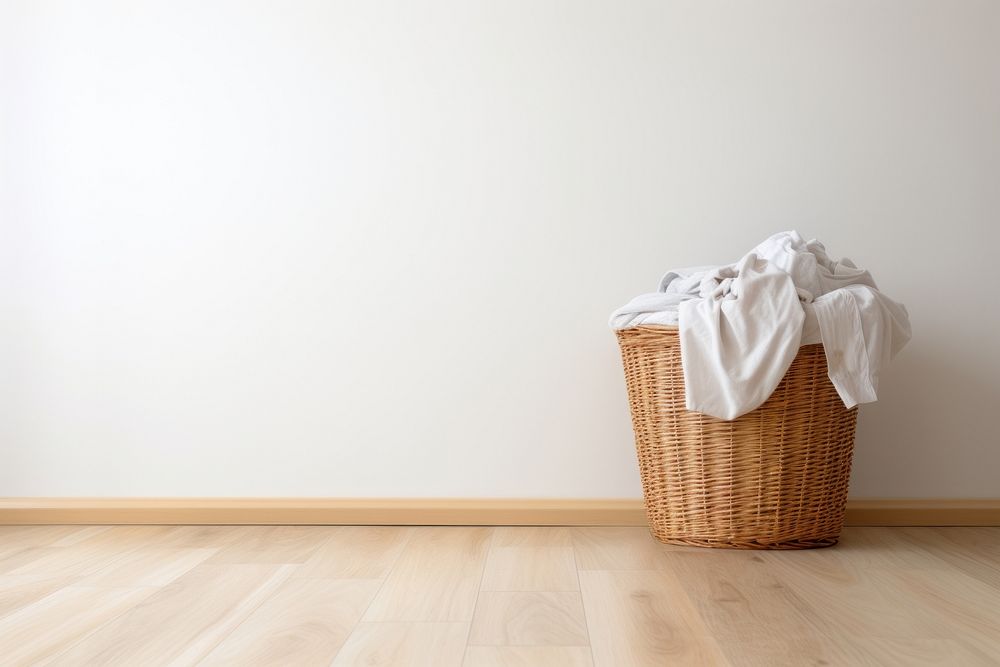 Clothing basket on wooden floor photo. AI generated image by rawpixel.
