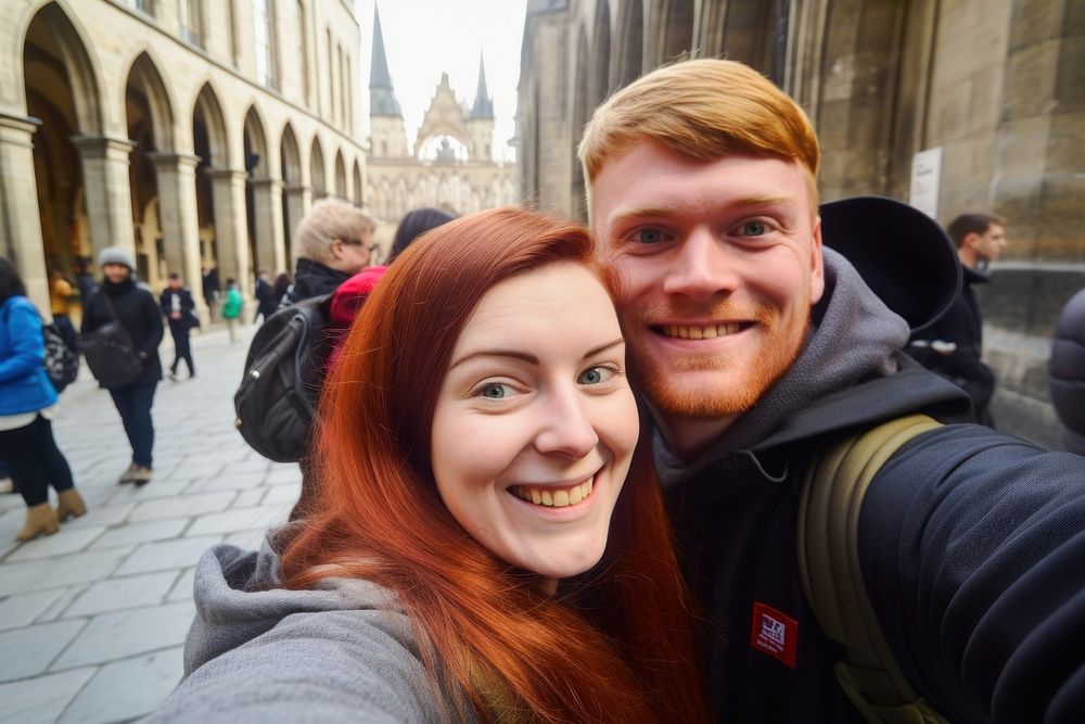 Tourist selfie together tourist architecture portrait. 