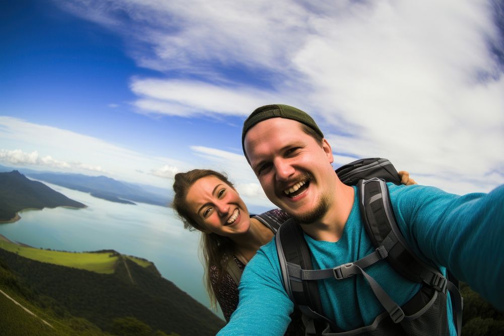 Tourist selfie together adventure landscape portrait. AI generated Image by rawpixel.
