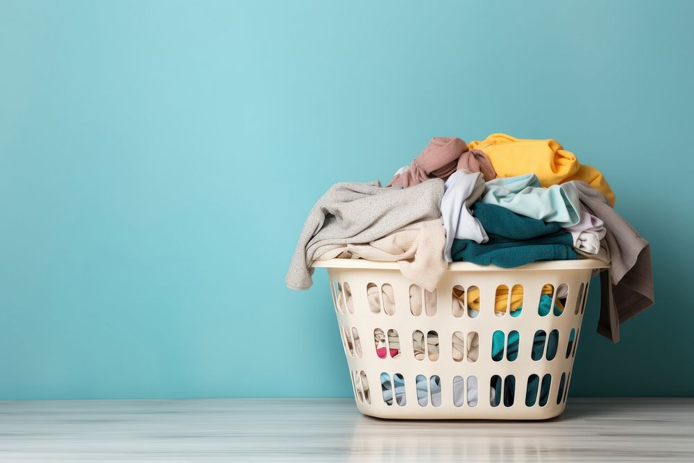 Clothing basket, blue room wallpaper. AI generated image by rawpixel.