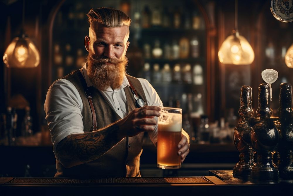Caucasian barman pouring beer drink refreshment bartender. AI generated Image by rawpixel.