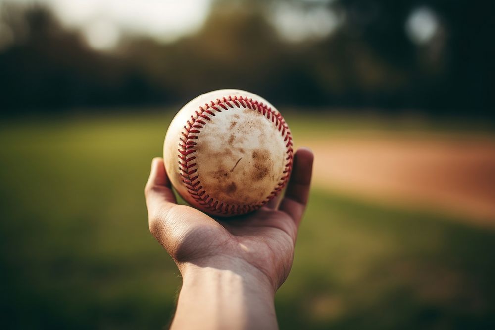 Hand holing a baseball, blurry field photo. AI generated image by rawpixel.