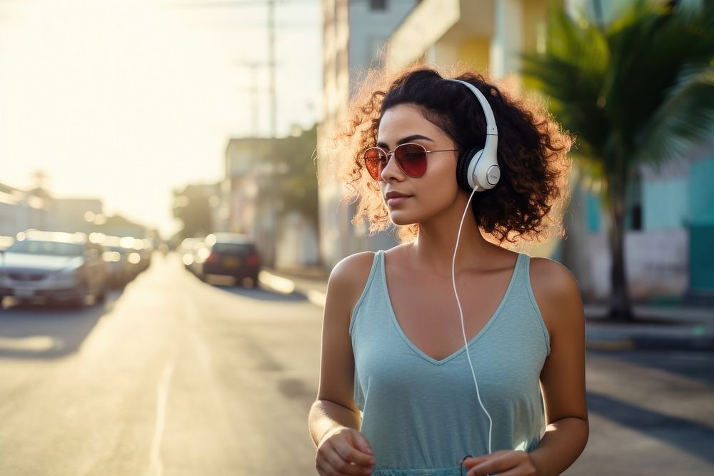 Woman wearing headphones, city photo. AI generated image by rawpixel.