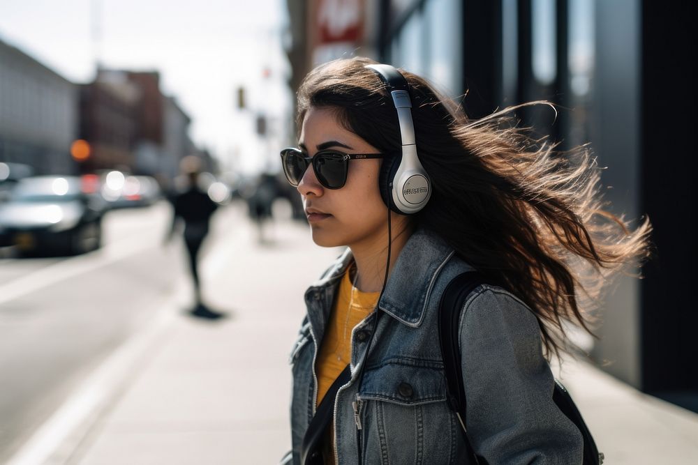 Woman wearing headphones, city photo. AI generated image by rawpixel.