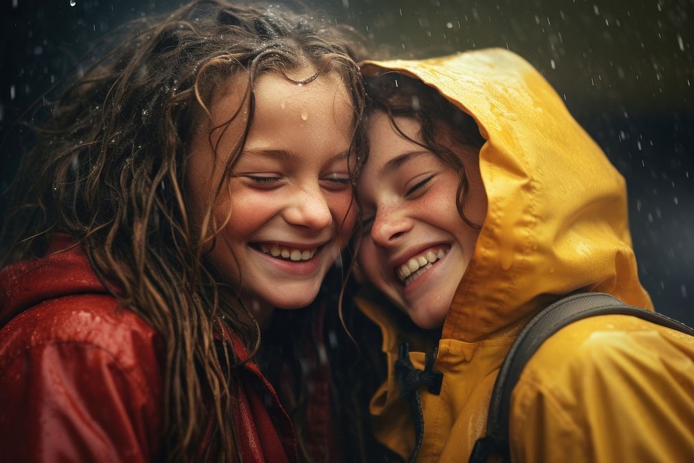 Portrait embracing laughing raincoat. AI generated Image by rawpixel.