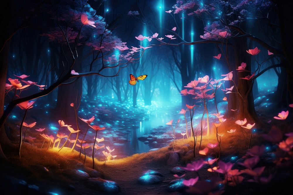 Glowing forest outdoors nature illuminated. AI generated Image by rawpixel.