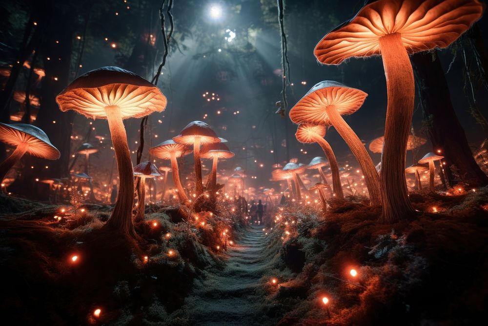 Glowing mushroom forest outdoors nature fungus. AI generated Image by rawpixel.