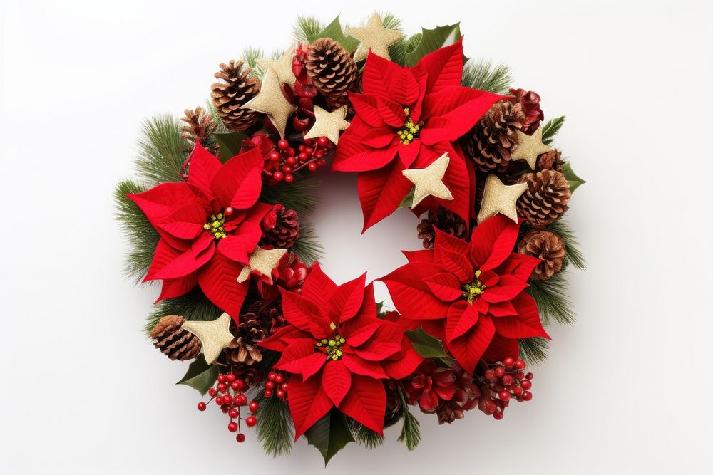 Festive Christmas Pine Wreath With Poinsettias wreath christmas celebration. AI generated Image by rawpixel.