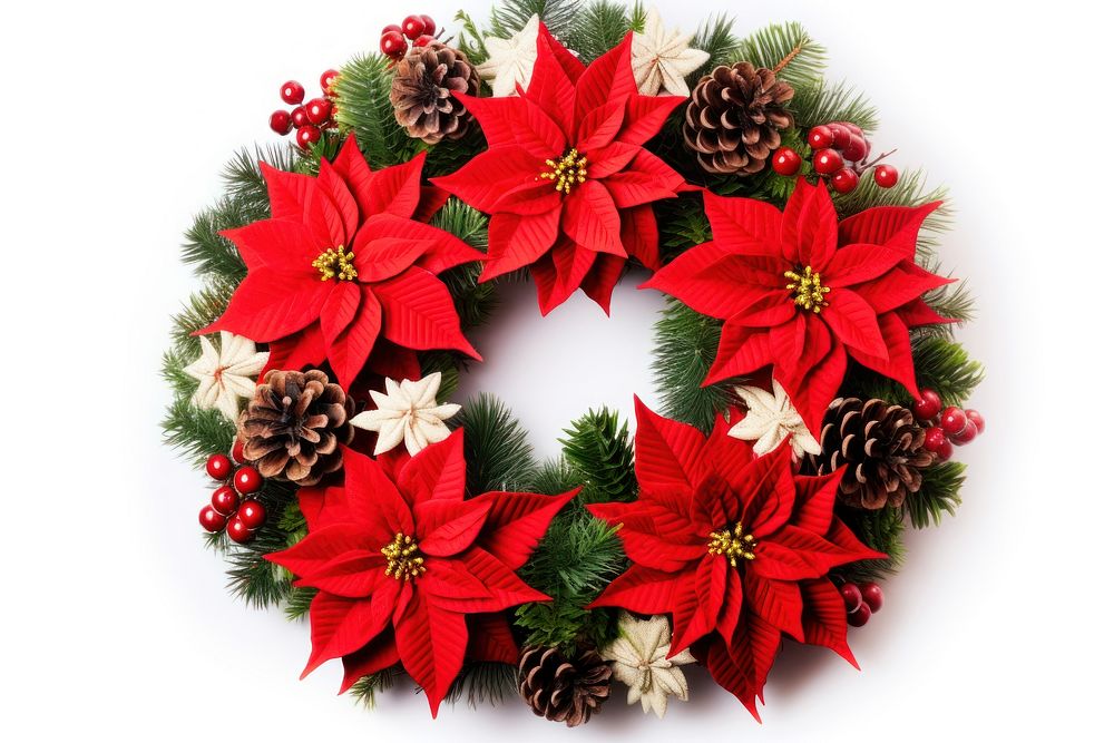 Festive Christmas Pine Wreath With Poinsettias wreath christmas plant. AI generated Image by rawpixel.