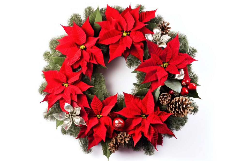 Festive Christmas Pine Wreath Poinsettias | Free Photo - rawpixel