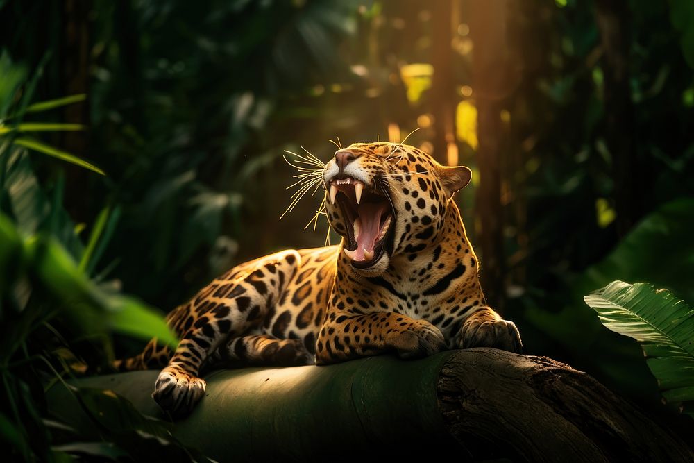 Yawning jaguar wildlife outdoors leopard. AI generated Image by rawpixel.