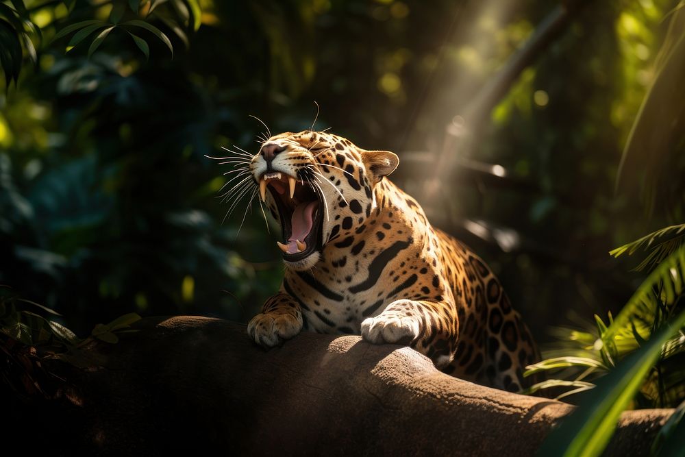 Yawning jaguar wildlife outdoors leopard. AI generated Image by rawpixel.