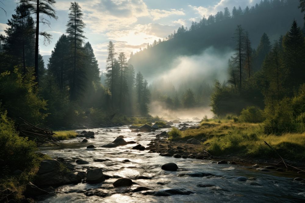 River wild wilderness landscape sunlight. AI generated Image by rawpixel.