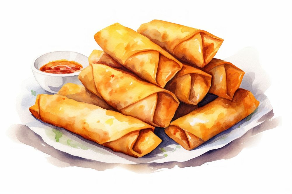 Watercolor fried spring rolls bread food condiment. AI generated Image by rawpixel.
