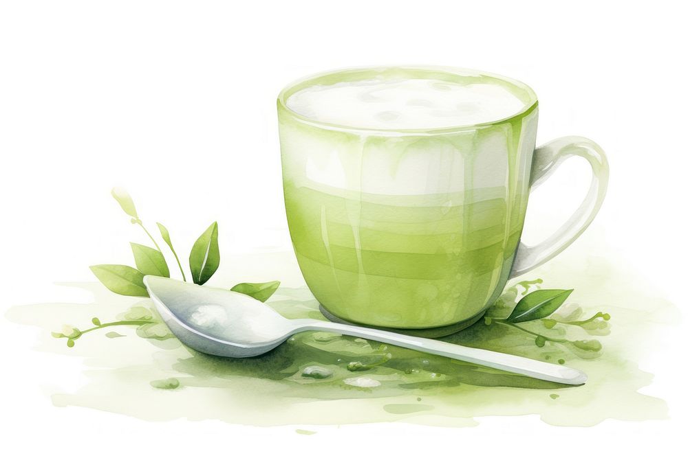 Watercolor green tea milky saucer spoon drink. AI generated Image by rawpixel.