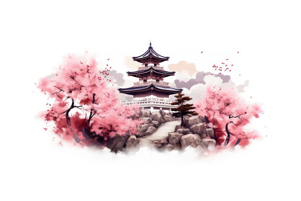 Japanese temple sakura architecture pagoda plant. AI generated Image by rawpixel.