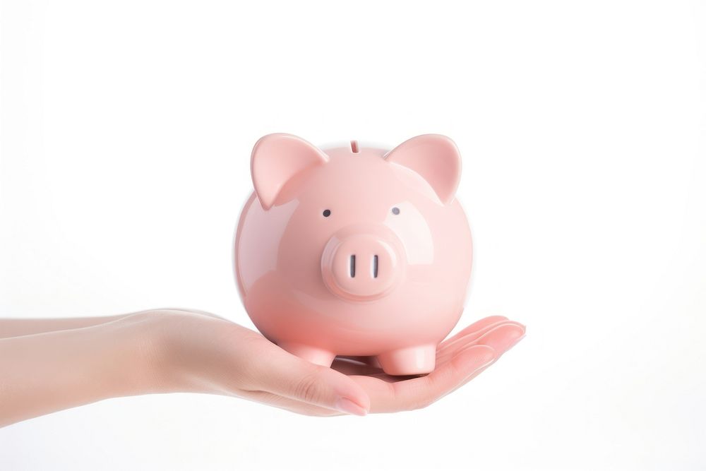 Hand holding piggy bank white background representation investment. AI generated Image by rawpixel.