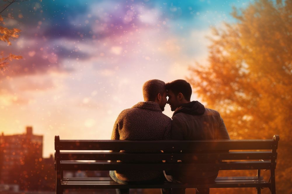 Bench sky outdoors kissing. AI generated Image by rawpixel.