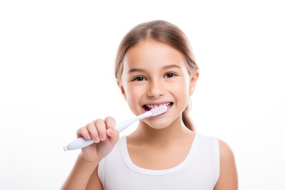 Female brushing teeth toothbrush portrait white background. AI generated Image by rawpixel.