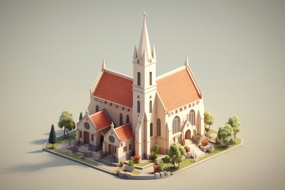 French isometric church architecture building spirituality. AI generated Image by rawpixel.