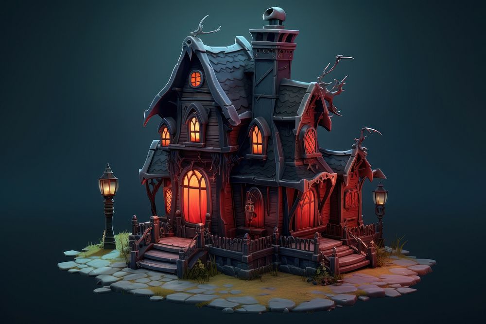 Vampire isometric house architecture building illuminated. AI generated Image by rawpixel.
