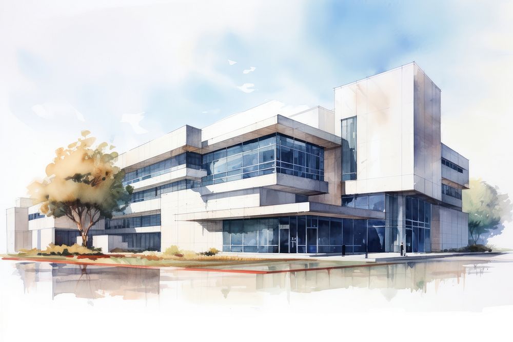 Watercolor illustration of a modern building architecture city headquarters.