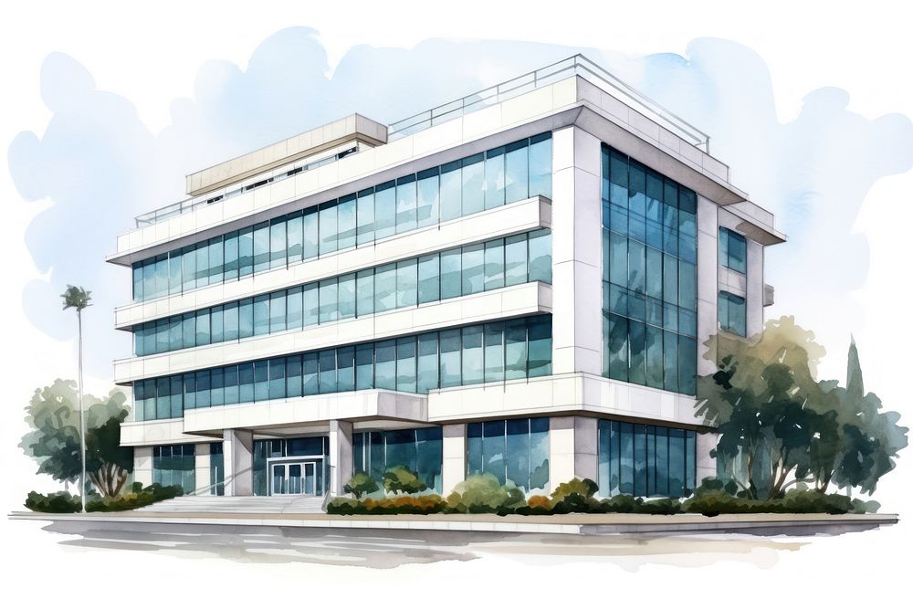 Watercolor illustration of a office building architecture city white background.