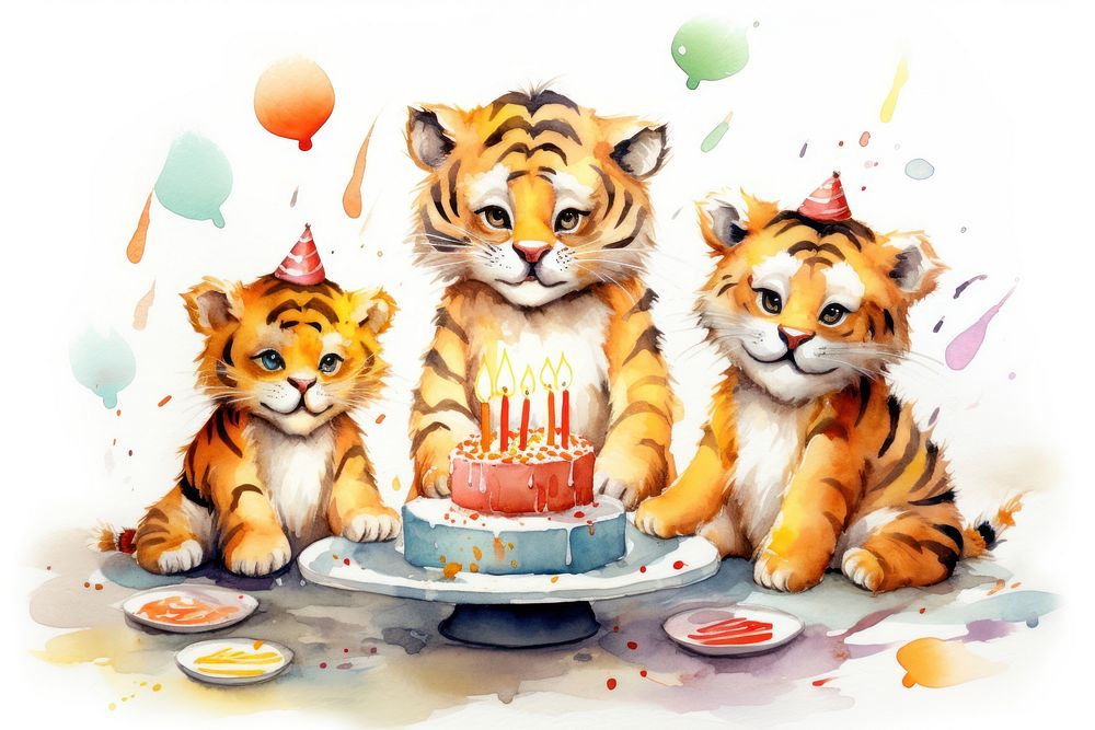 Tiger family celebrating birthday dessert cartoon mammal. AI generated Image by rawpixel.