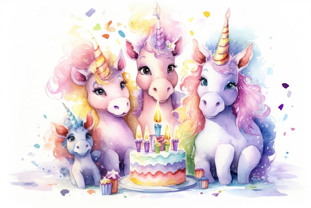 Unicorn family celebrating birthday dessert cartoon mammal. AI generated Image by rawpixel.