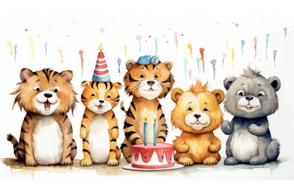 Animal family celebrating birthday dessert cartoon cake. AI generated Image by rawpixel.