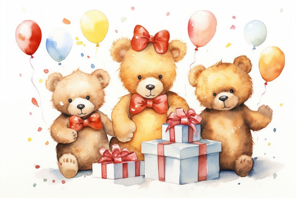 Bear family celebrating birthday balloon cartoon toy. AI generated Image by rawpixel.