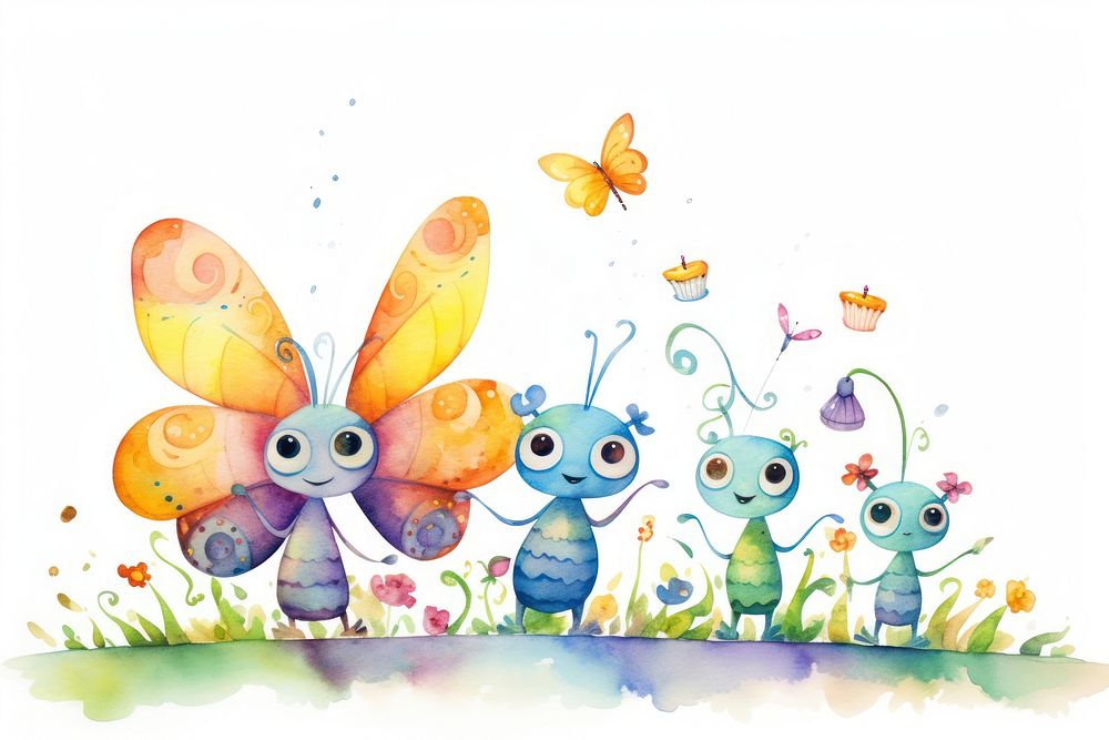 Butterfly family celebrating birthday outdoors cartoon drawing. AI generated Image by rawpixel.