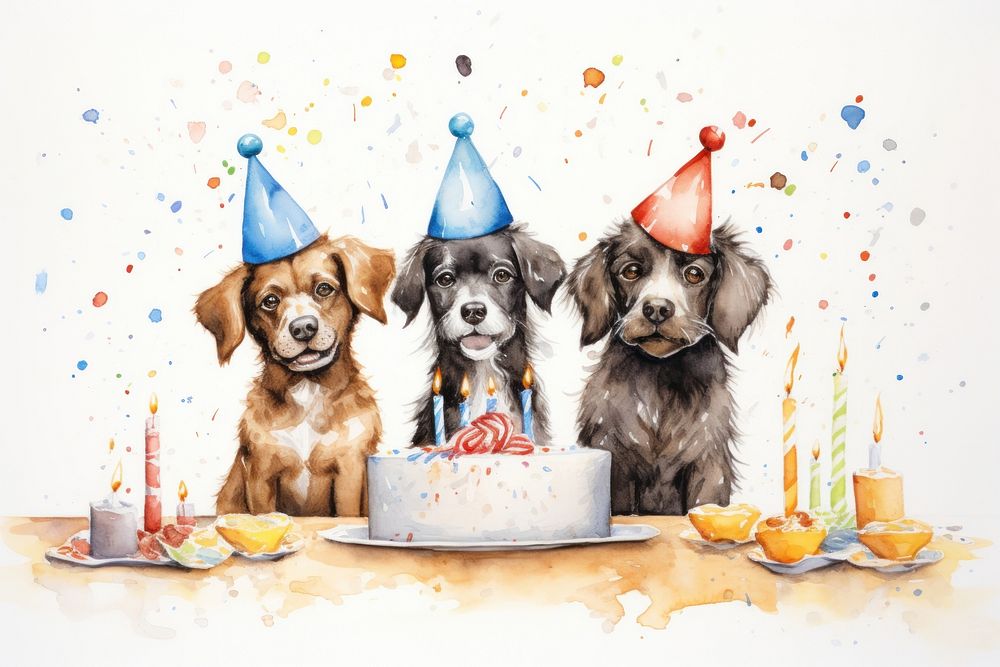 Dog family celebrating birthday dessert cartoon party. 