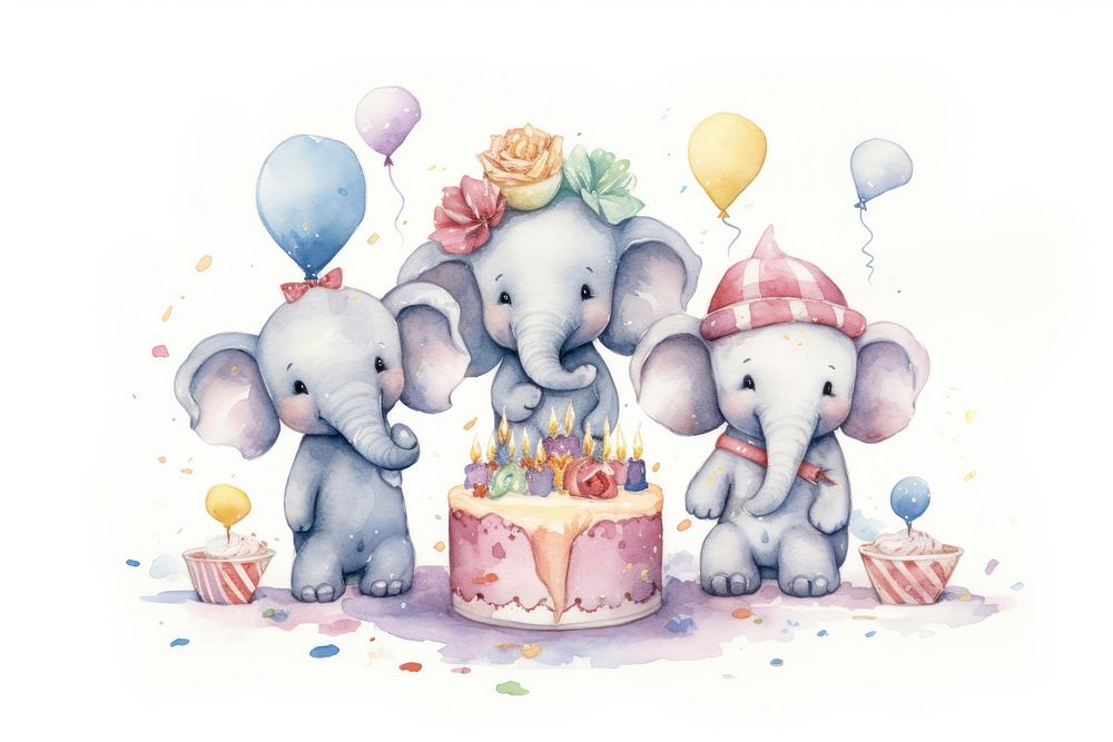 Elephant family celebrating birthday dessert cartoon party. AI generated Image by rawpixel.