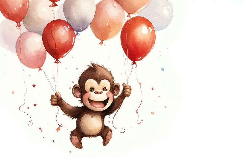 Monkey celebrating birthday balloon cartoon representation. AI generated Image by rawpixel.