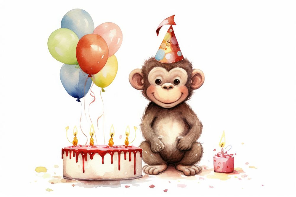 Monkey celebrating birthday balloon dessert cartoon. AI generated Image by rawpixel.
