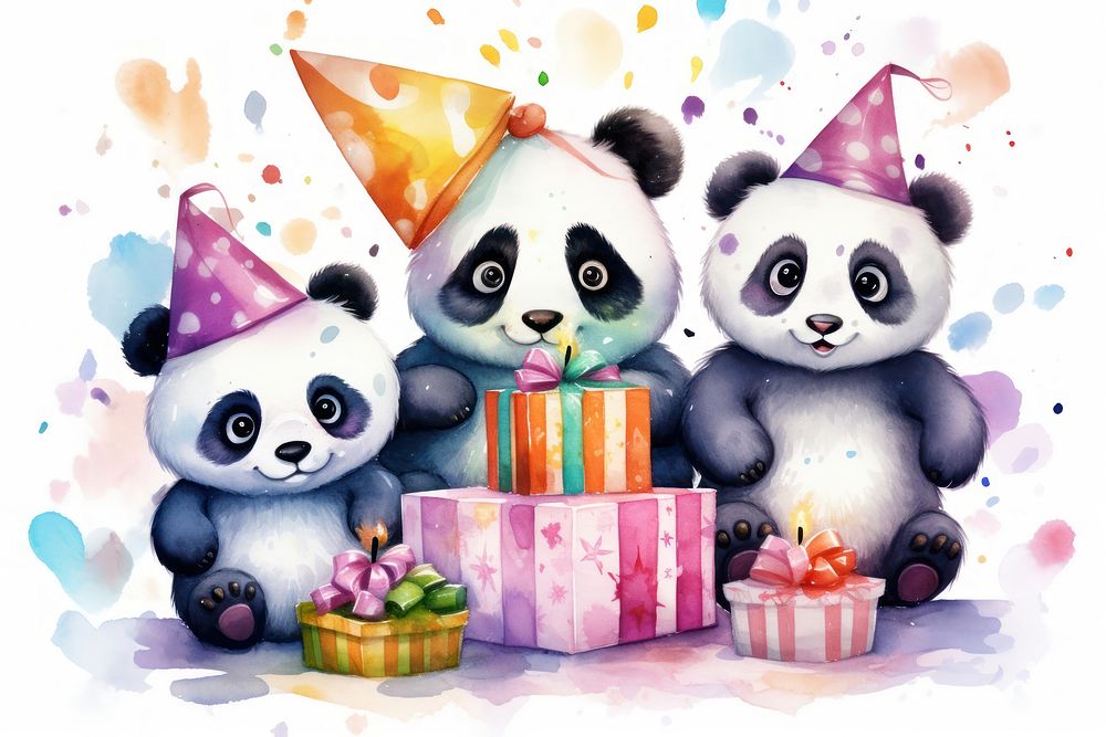 Panda family celebrating birthday cartoon party fun. AI generated Image by rawpixel.
