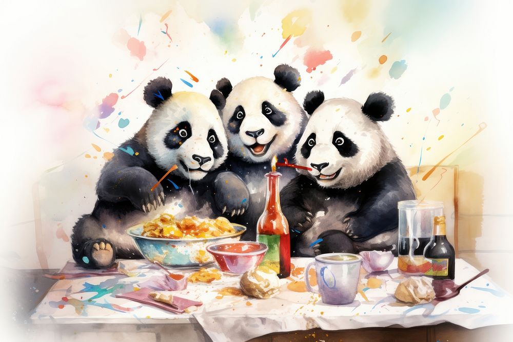 Panda family celebrating birthday cartoon mammal animal. AI generated Image by rawpixel.