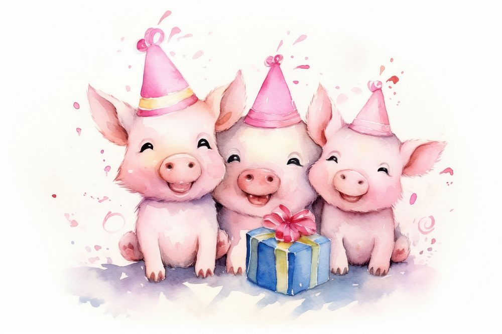 Pig family celebrating birthday cartoon mammal animal. AI generated Image by rawpixel.