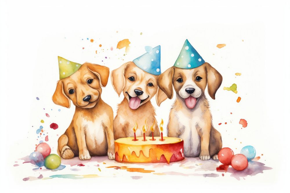 Puppy family celebrating birthday dessert cartoon mammal. AI generated Image by rawpixel.