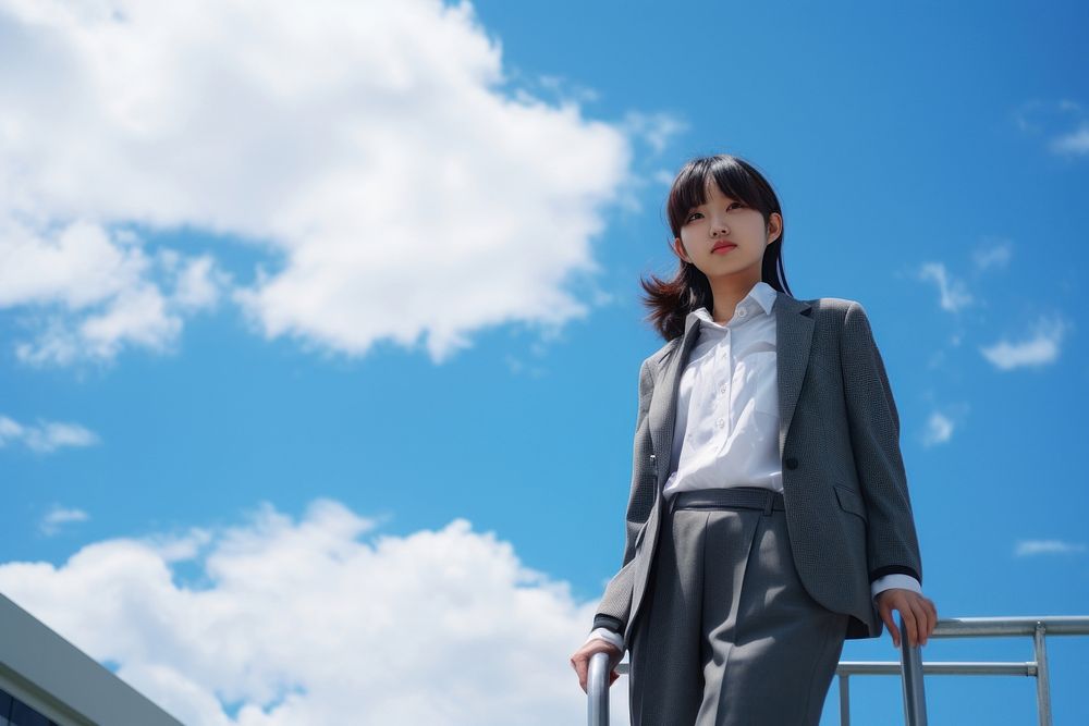 Japanese high school student blazer happy blue. AI generated Image by rawpixel.